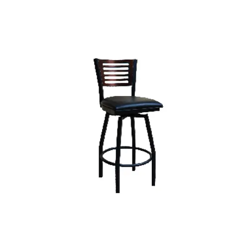 ATS 77CE-BSS - Swivel Bar Stool, Wood Cutout Back, 1-1/8" Square Metal Tubing, Armless, Clear Coat Finish