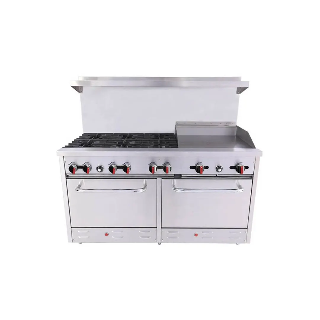 BakeMax BAS36-24-2 60" Gas Restaurant Range w/ (6) Open Burners, (1) 24" Griddle, (2) Standard Ovens, 282.000 BTU