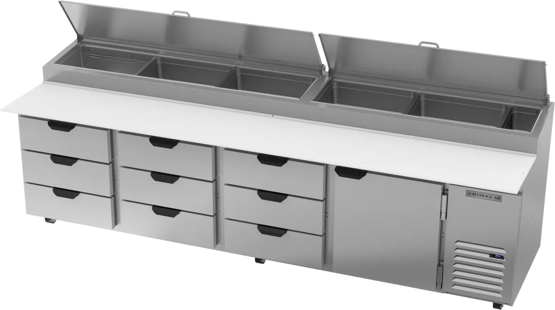 Beverage Air DPD119HC-9 119" 4-Section Refrigerated Pizza Prep Table w/ 9 Drawers & 1 Door