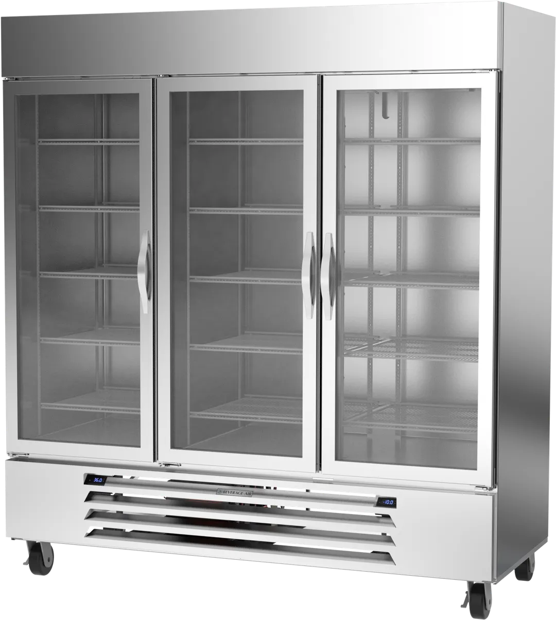 Beverage Air HBRF72HC-1-B-G 75" 3-Section Reach-In Refrigerator Freezer Combo w/ 3 Glass Doors