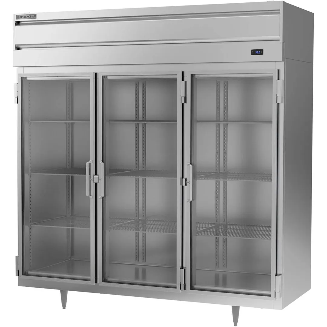Beverage Air PR3HC-1BG 77.75'' 3-Section Reach-In Refrigerator w/ 3 Glass Full Doors, Top Mounted, 68 cu. ft.