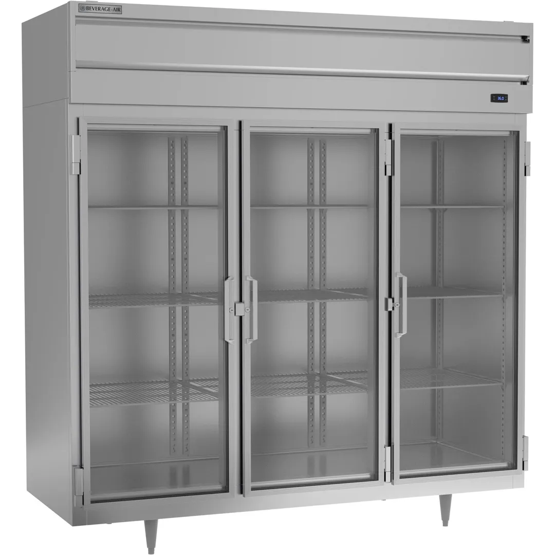 Beverage Air PR3HC-1BG 77.75'' 3-Section Reach-In Refrigerator w/ 3 Glass Full Doors, Top Mounted, 68 cu. ft.