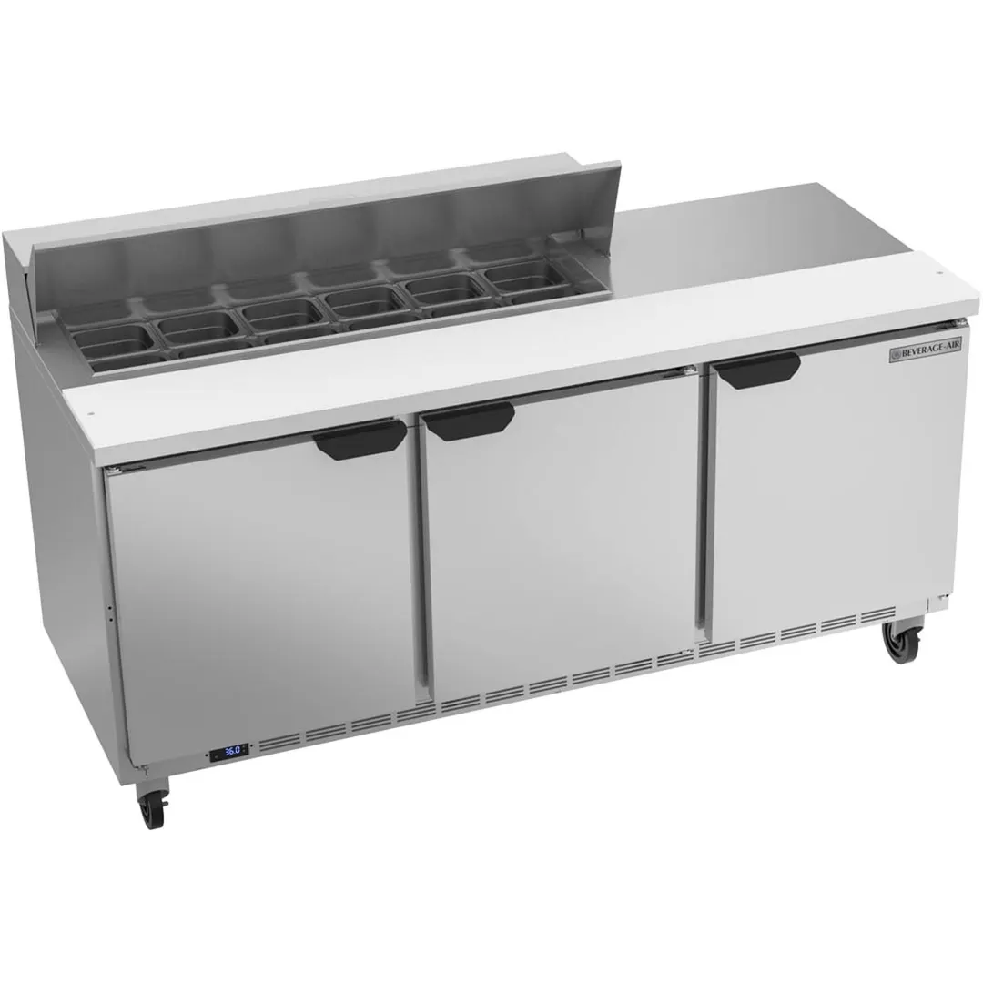 Beverage Air SPE72HC-12 72" Three Section Sandwich/Salad Prep Table w/ 3 Doors, 12 pans, 20 cu. ft.