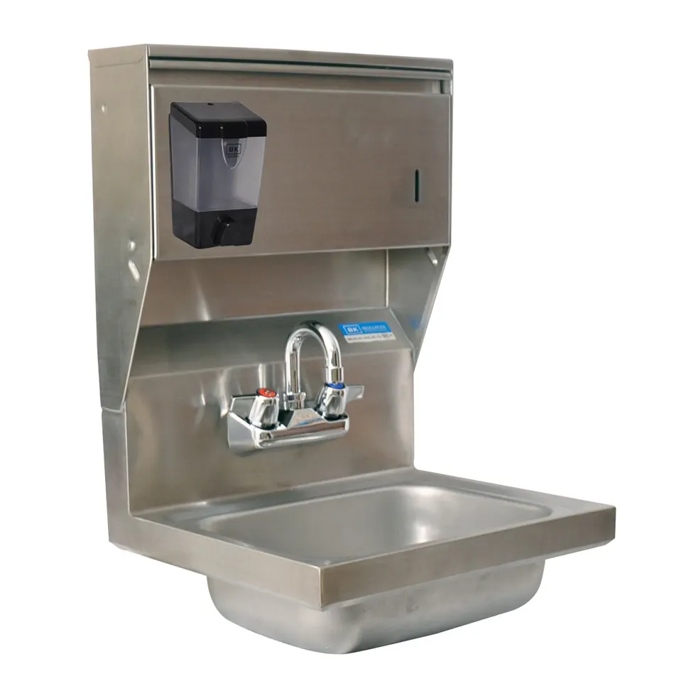 BK Resources BKHS-W-1410-4D-TD-PG 14" Wall Mounted Hand Sink with Faucet, Soap & Towel Dispenser
