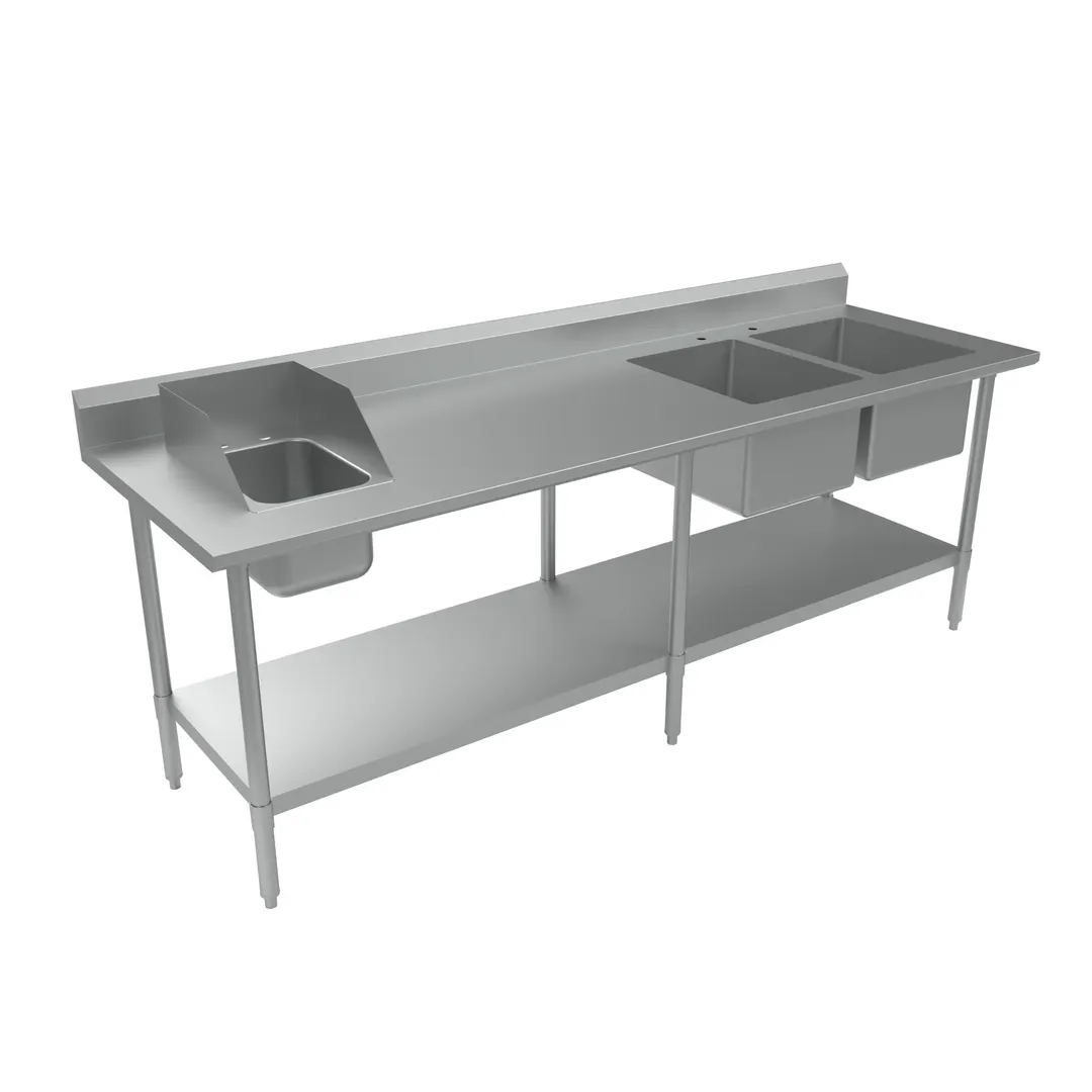 BK Resources BKPT-2-3096S-R 96" Work Table with Prep Sink, Bowl On Right - 16 Gauge (2+1 Sinks) 