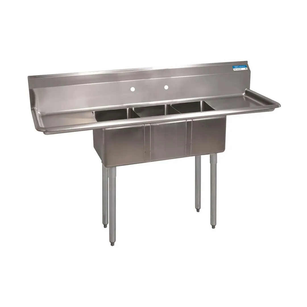 BK Resources BKS-3-1014-10-12T 54" Three Compartment Sink, 10"Wx14"L Bowl, With 2 Drainboards
