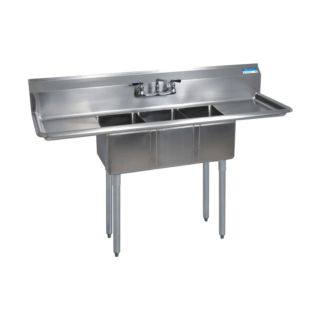 BK Resources BKS-3-1014-10-15T 60" Three Compartment Sink, 10"W x 14"L Bowl With 2 Drainboards