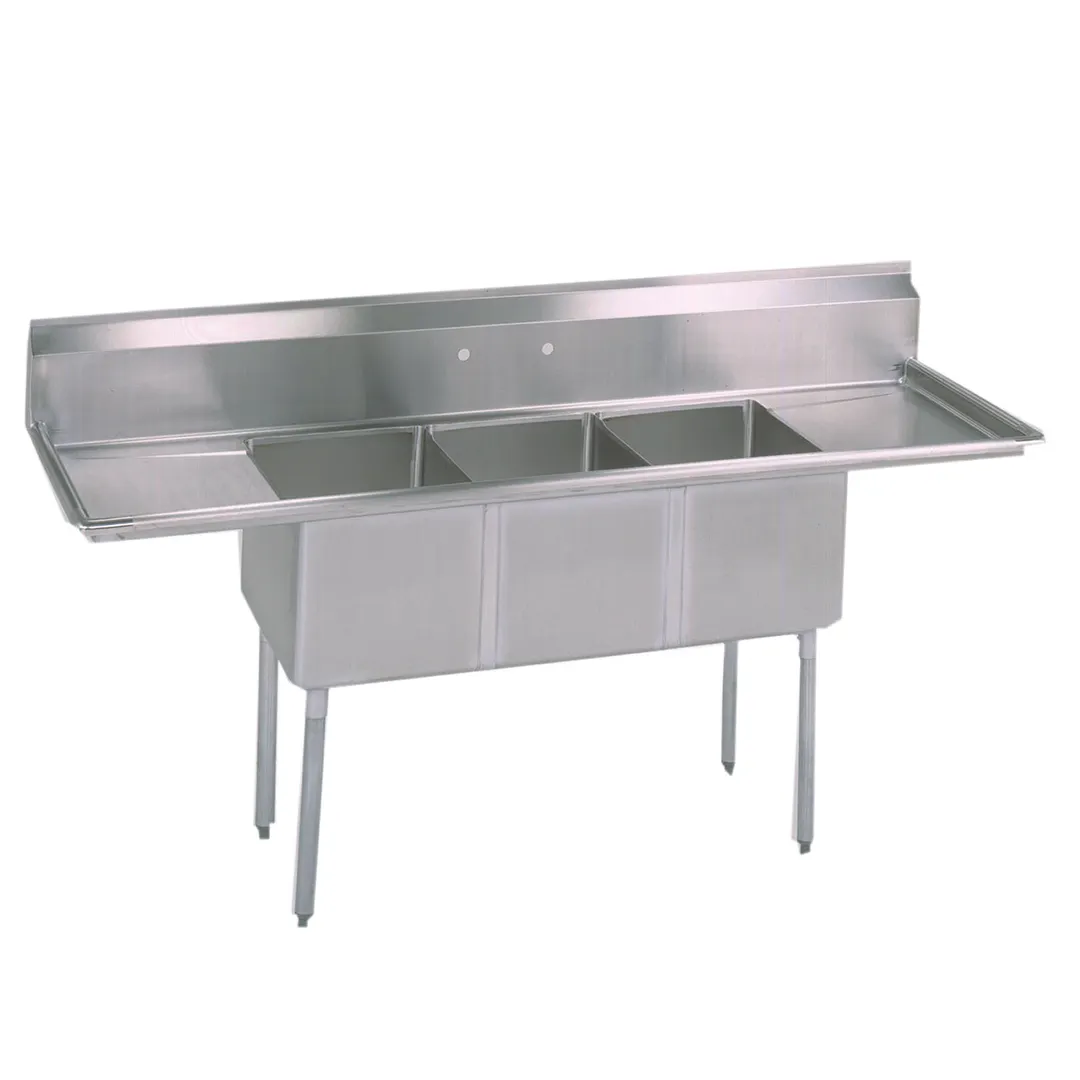 BK Resources BKS-3-18-12-24TS 102" Three Compartment Sink, 18"W x 18"L Bowl With 2 Drainboards