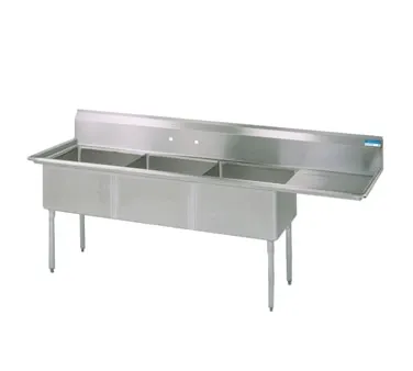 BK Resources BKS-3-1824-14-24RS 80" Three Compartment Sink, 18"W x 24"L Bowl w/Right-Hand Drainboard