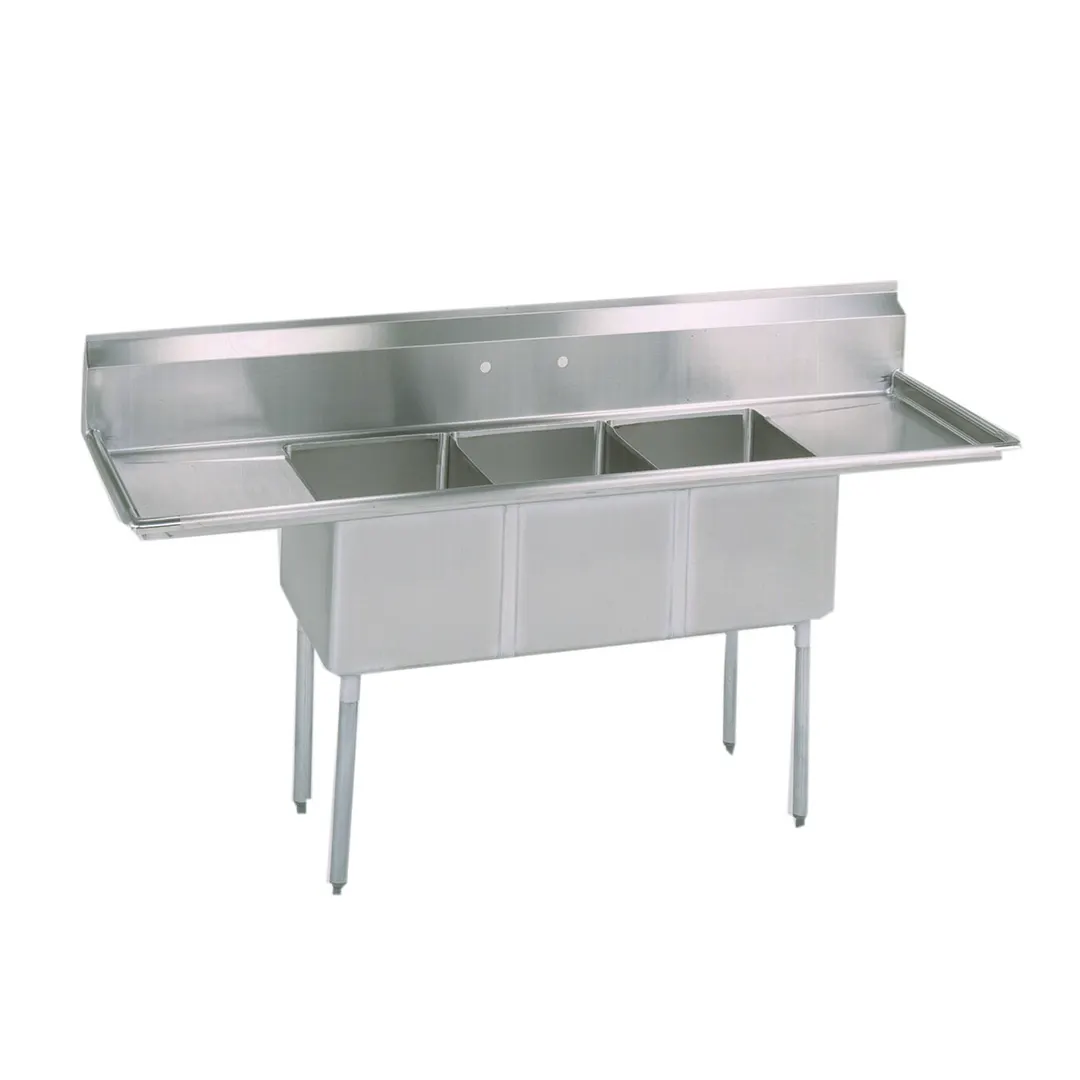 BK Resources BKS-3-1824-14-24T 102" Three Compartment Sink, 18"W x 24"L Bowl With 2 Drainboards