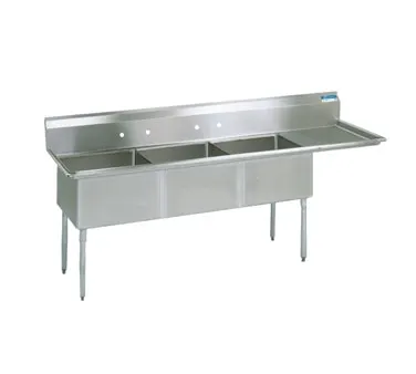 BK Resources BKS-3-24-14-24RS 98" Three Compartment Sink, 24"W x 24"L Bowl w/Right-Hand Drainboard