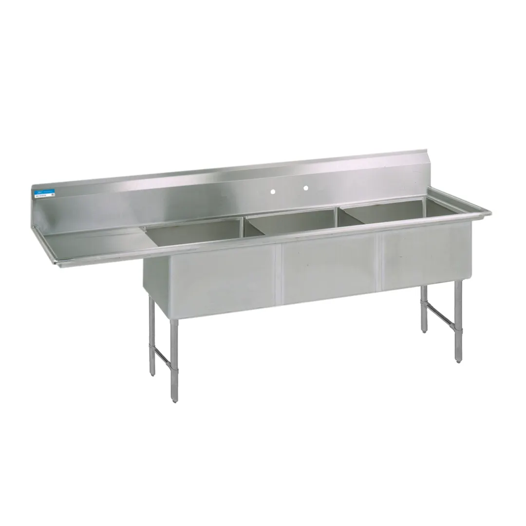 BK Resources BKS6-3-18-14-18LS 76" Three Compartment Sink, 18"W x 18"L Bowl w/Left-Hand Drainboard