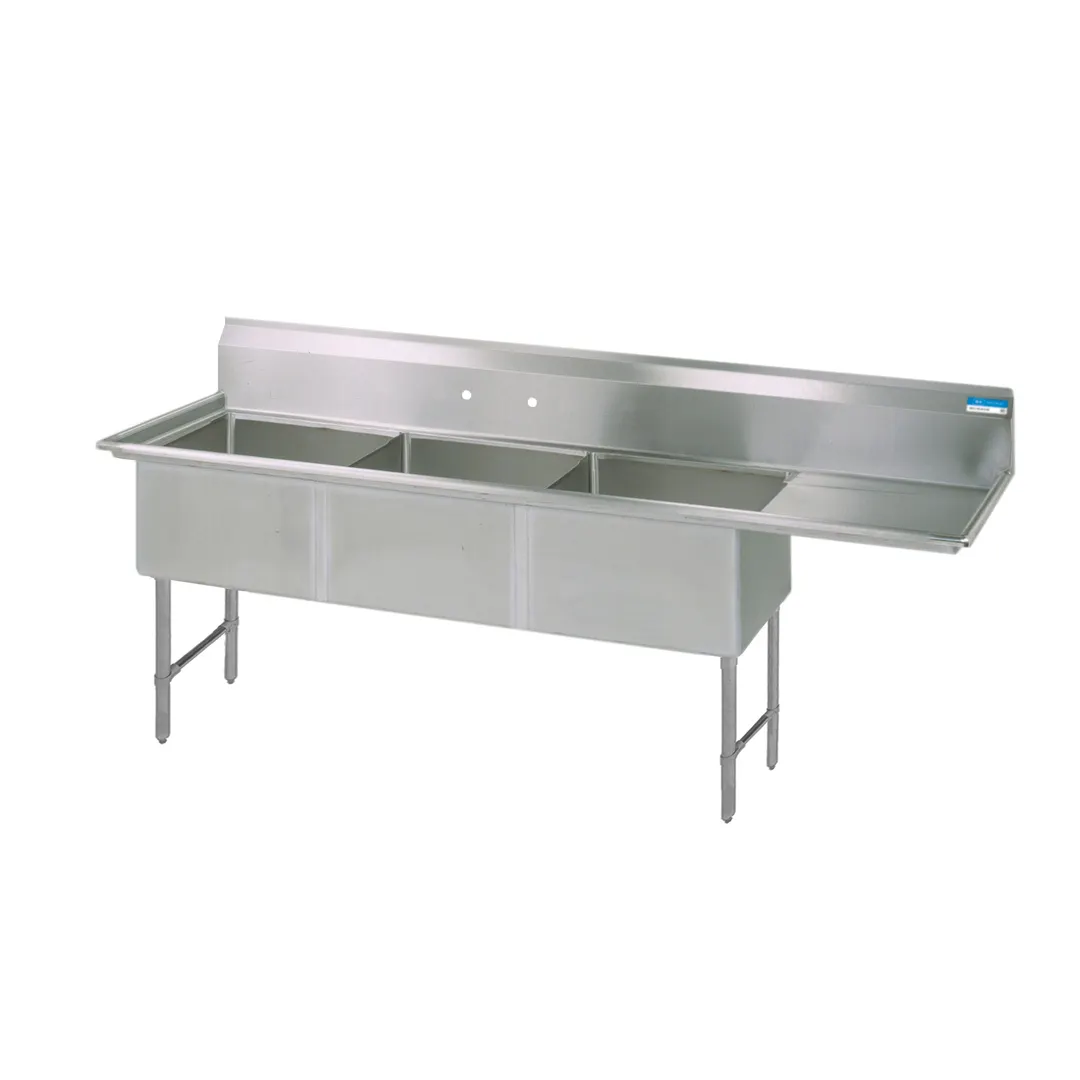 BK Resources BKS6-3-18-14-18RS 76" Three Compartment Sink, 18"W x 18"L Bowl w/Right-Hand Drainboard