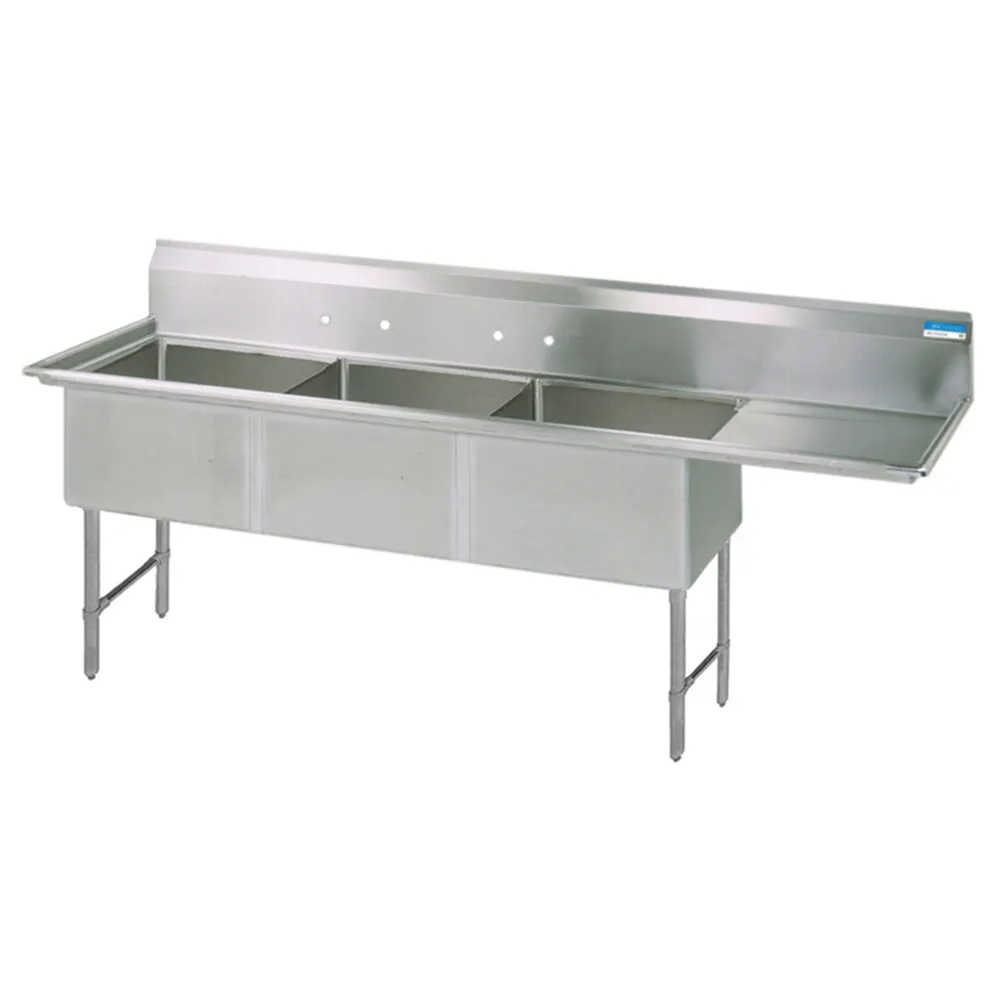BK Resources BKS6-3-24-14-24RS 100" Three Compartment Sink, 24"W x 24"L Bowl w/Right-Hand Drainboard