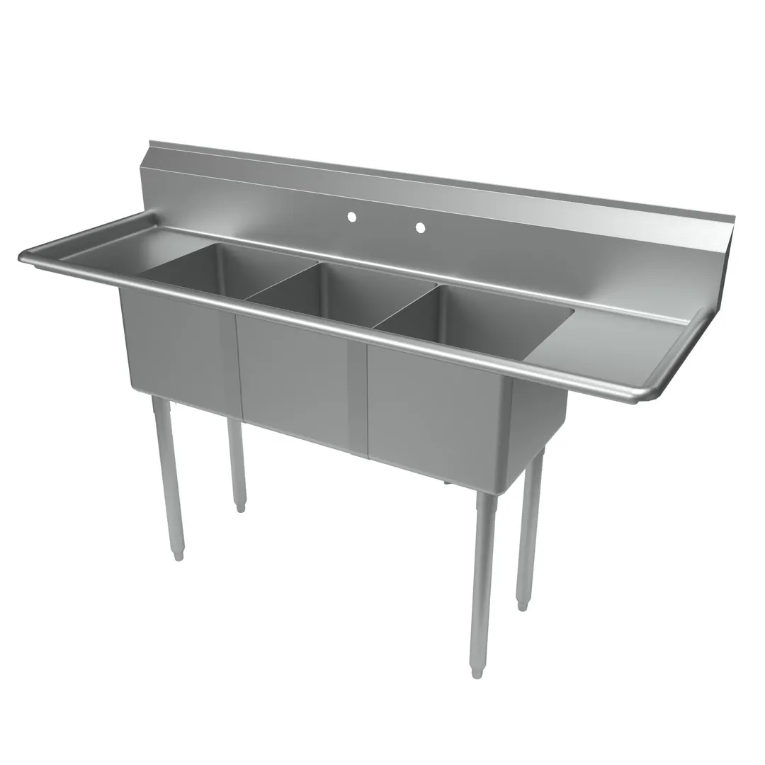 BK Resources ES-3-1416-12-12T 66" Three Compartment Sink, 14"W x 16"L Bowl With 2 Drainboards