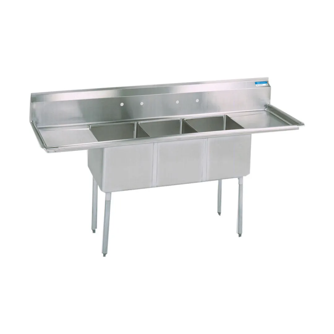 BK Resources ES-3-1620-12-18T 84" Three Compartment Sink, 16"W x 20"L Bowl With 2 Drainboards