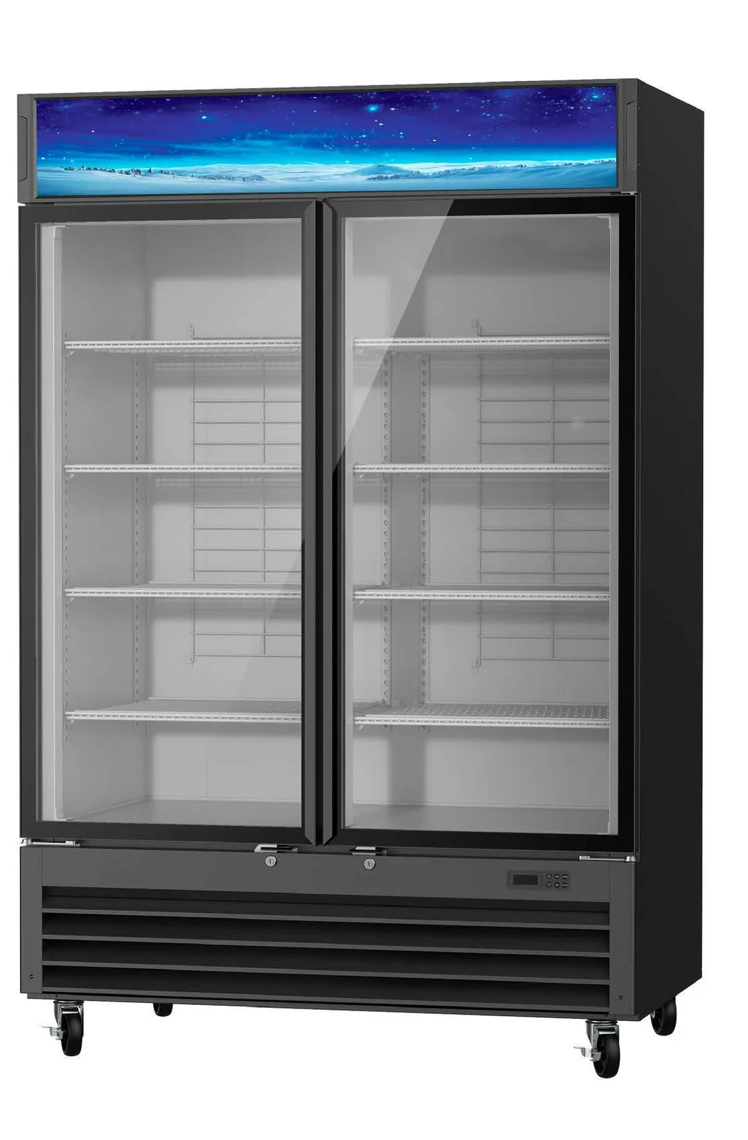Blue Air BGF49B-HC 49 cu.ft 2‑Section Glass Door Freezer Black 31"‑32" Depth 1/2 HP LED Light Casters