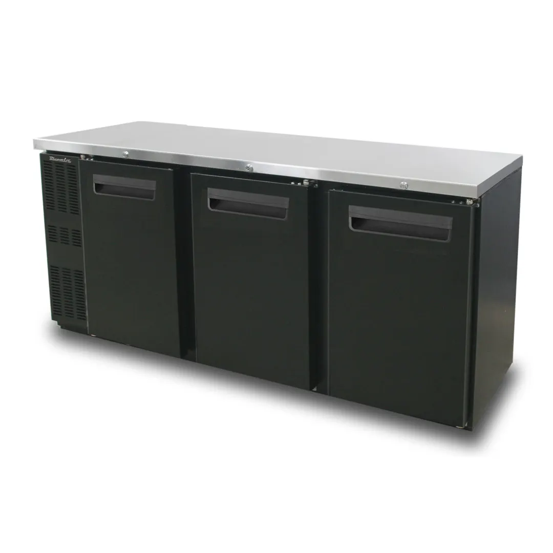 Blue Air BNB-72BT-HC 72" Three Solid Door Narrow Back Bar Cooler, Black Finish