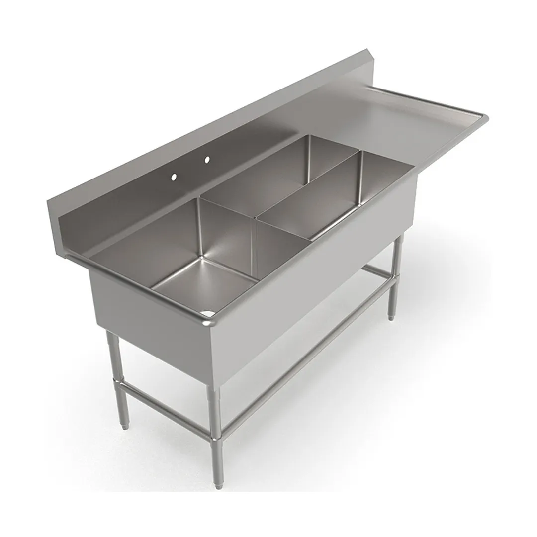 John Boos 3PBPS3224-1D24R 84" Three Compartment Sink, 24"W x 24"L Bowl With Right-Hand Drainboard