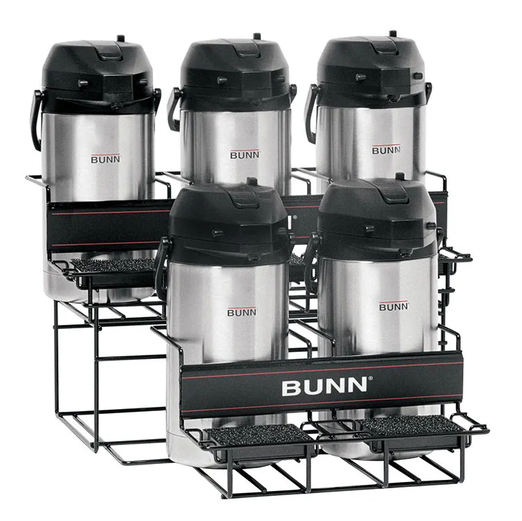 BUNN 35728.0004 Airpot Rack, Holds 5, 5‑Rack (2 Lower, 3 Upper), Carbon‑Steel, Sponge‑Lined Tray