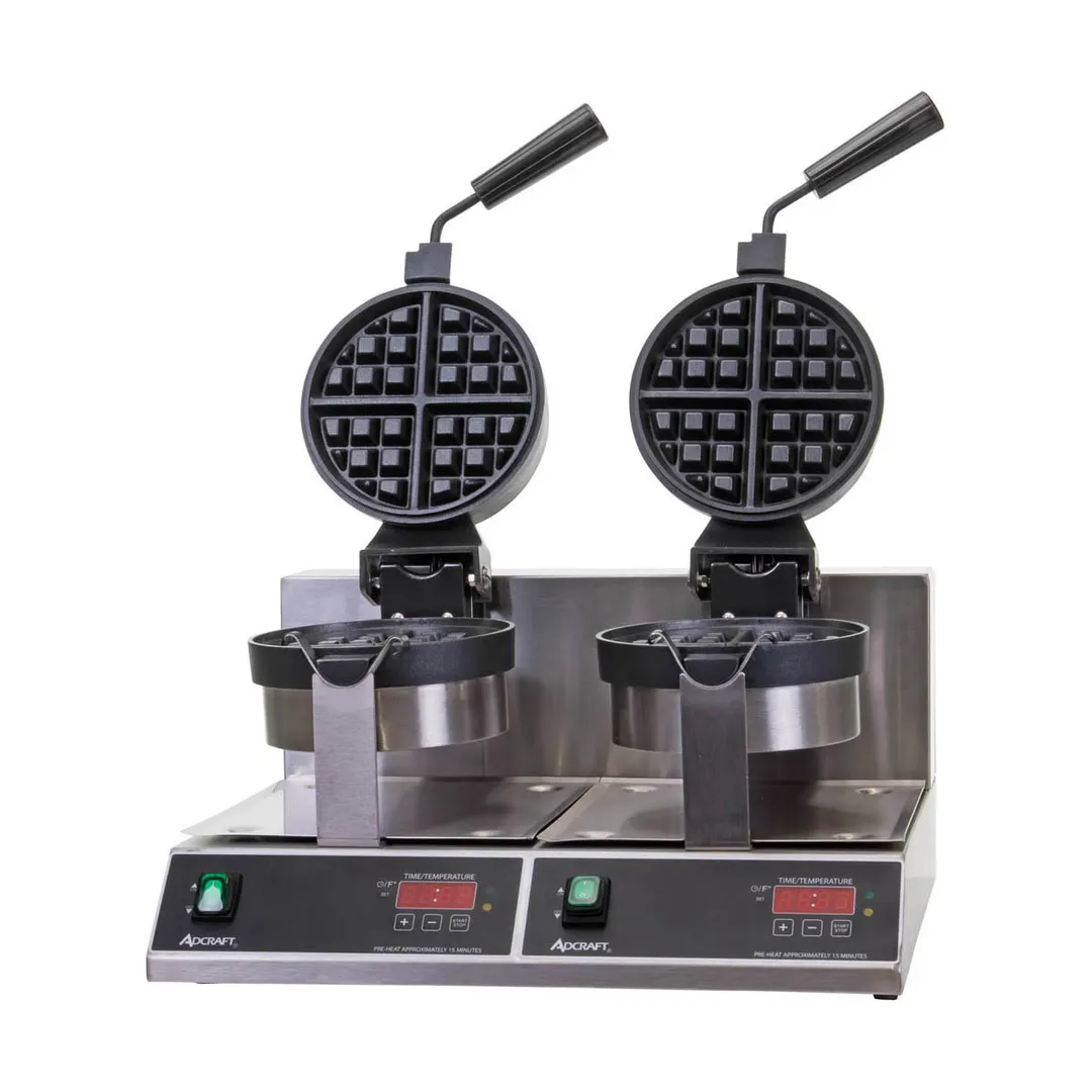 Adcraft BWM-7/R-2 7" Round Double Belgian Waffle Maker w/ Cast Aluminum Grids, 40 Waffles Per Hour