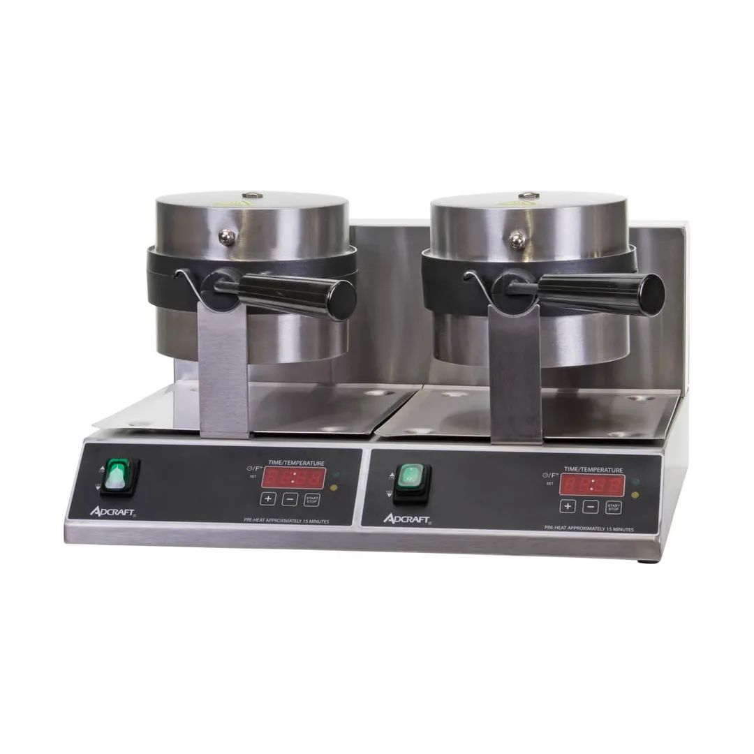 Adcraft BWM-7/R-2 7" Round Double Belgian Waffle Maker w/ Cast Aluminum Grids, 40 Waffles Per Hour