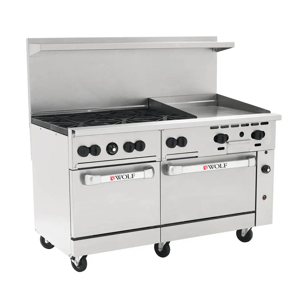 Wolf C60SS-6B24G 60" Gas Restaurant Range w/ (6) Open Burners, 24" Griddle Right, (2) Standard Ovens, 278.000 BTU
