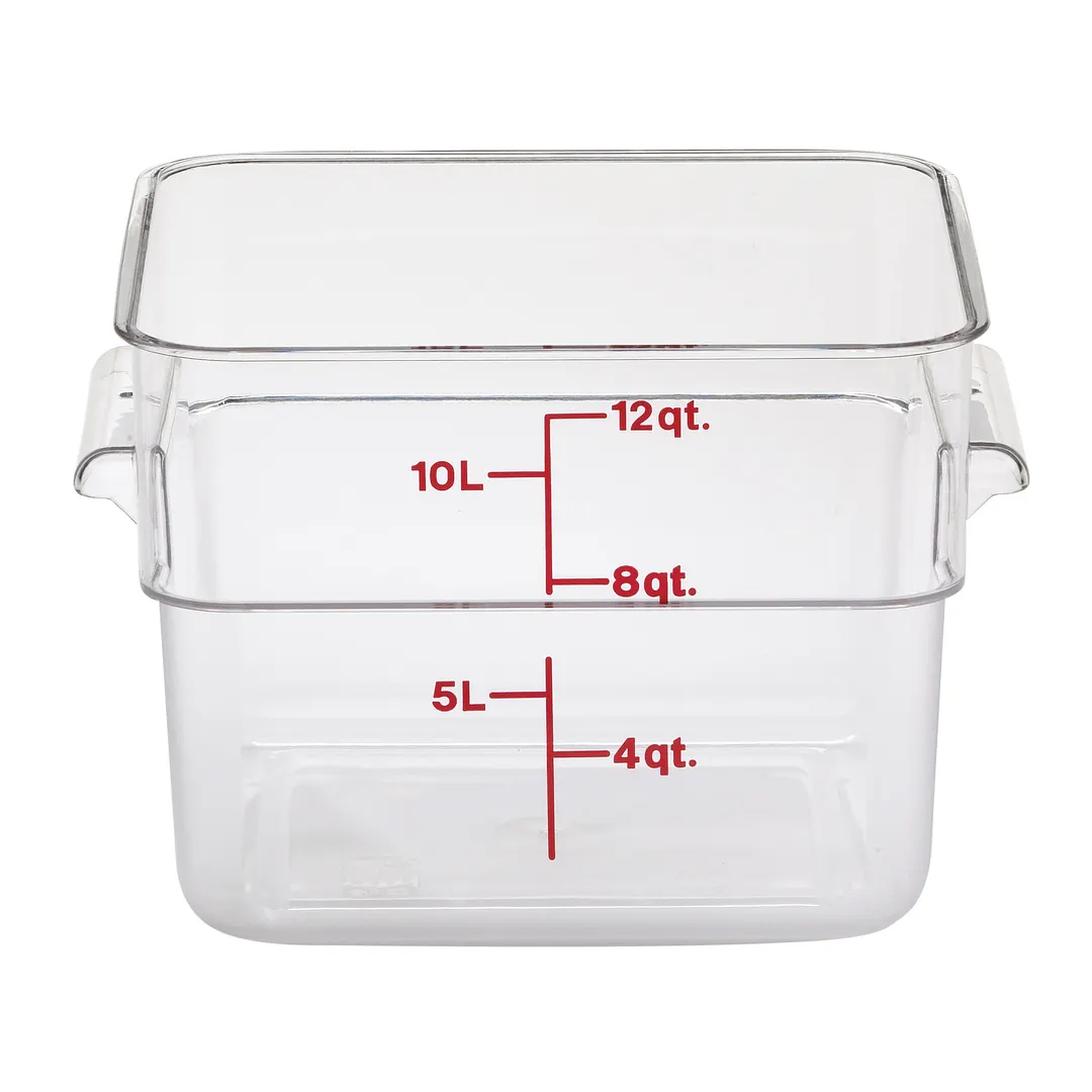 Cambro 12SFSCW135 CamSquare– 12 Qt ClearPC Square, 11-1/4"Lx12-1/4"Wx8-5/16"H, Red Handles, No Lid