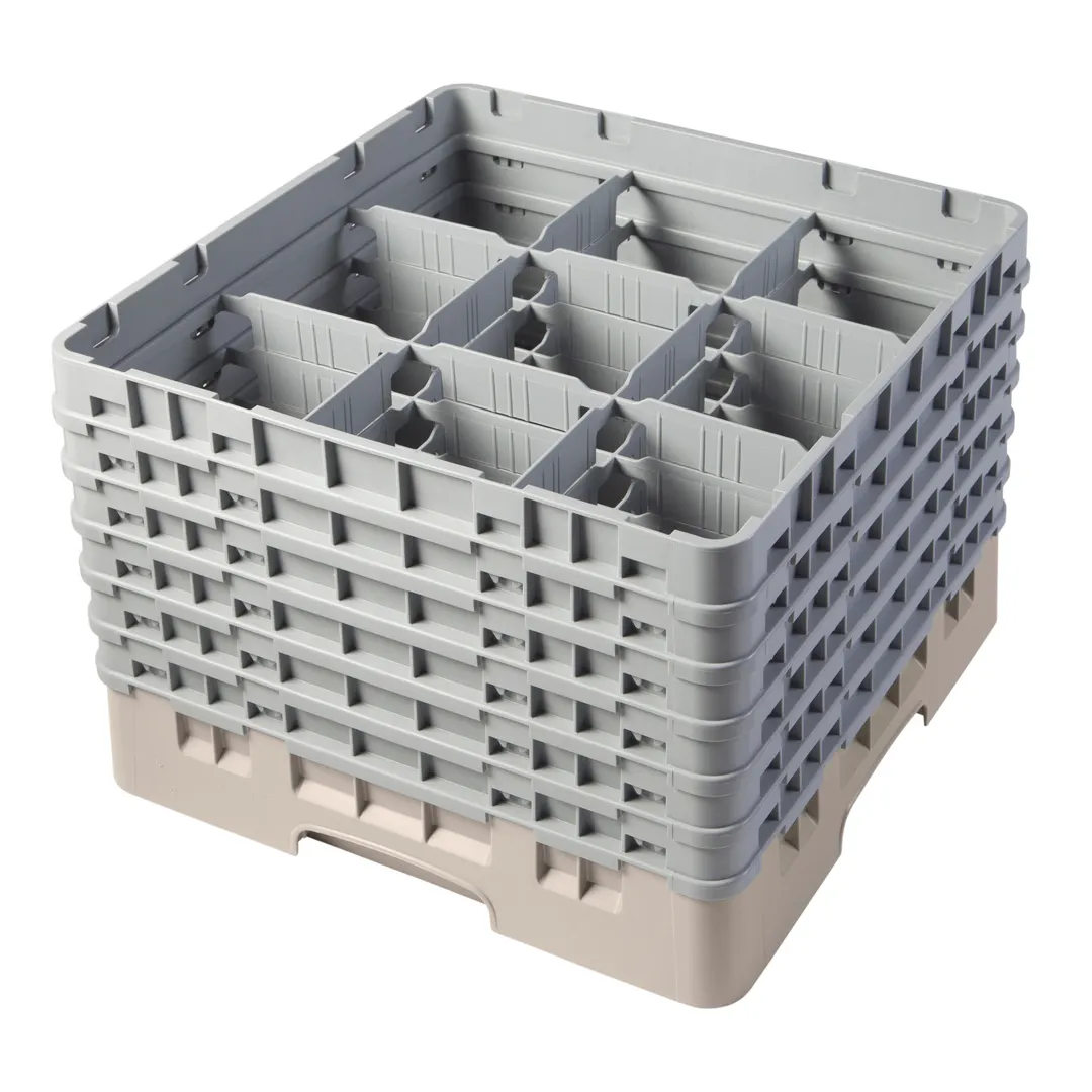 Cambro 9S1114184 Camrack Glass Rack, Full Size, Beige, 19-3/4 x 19-3/4 x 13-3/4, 9 Compartments, 5-7/8 Max Dia, HACCP Compliant