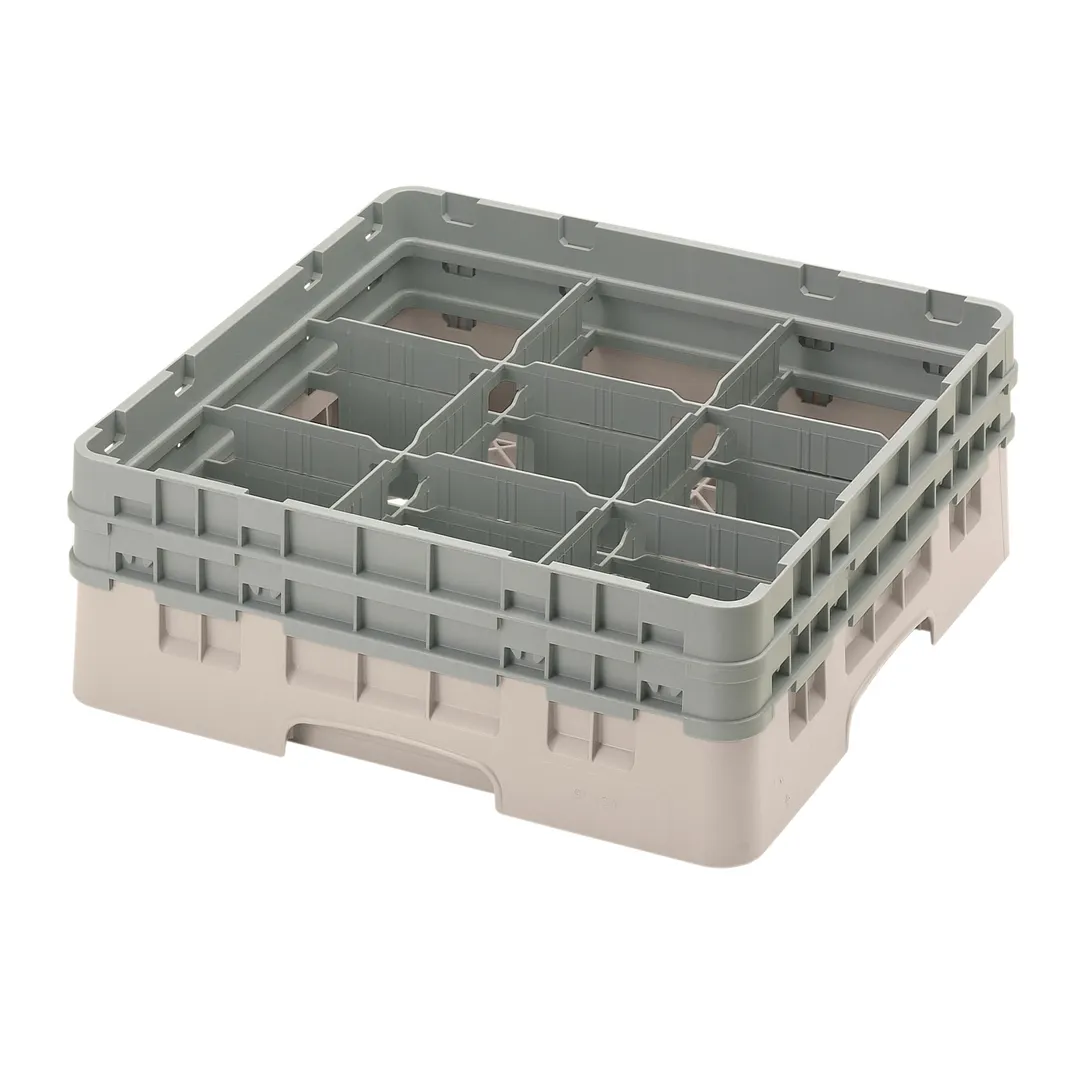 Cambro 9S434184 Camrack Glass Rack, Full Size, Beige, 19-3/4 x 19-3/4 x 7-1/4, 9 Compartments, 5-7/8 Max Dia, HACCP Compliant, NSF