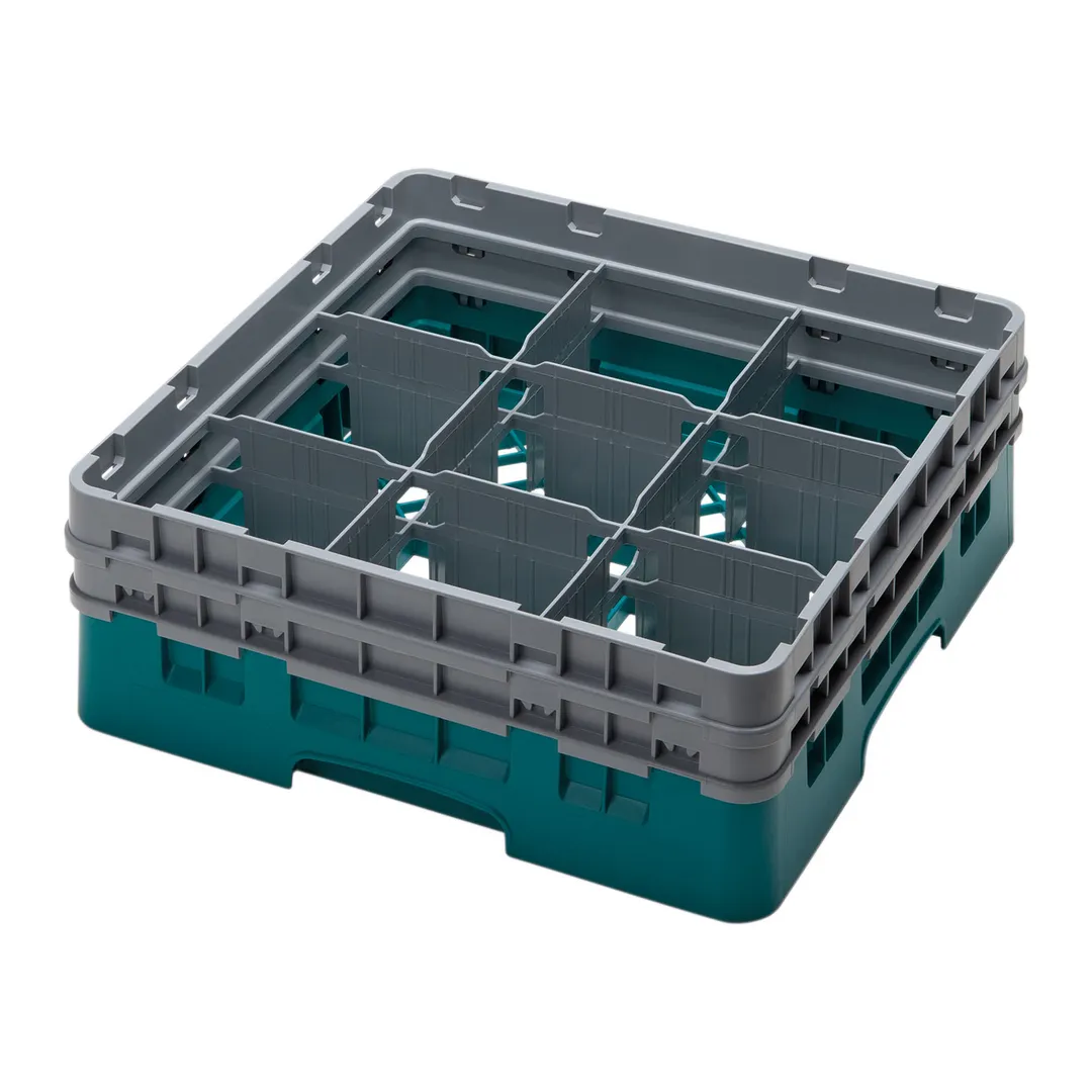 Cambro 9S434414 Camrack Glass Rack, Full Size, Teal, 19-3/4 x 19-3/4 x 7-1/4, 9 Compartments, 5-7/8 Max Dia, HACCP Compliant