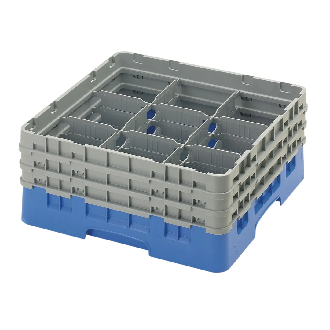 Cambro 9S638168 Camrack Glass Rack, Full Size, Blue, 19-3/4" x 19-3/4" x 8-7/8", 9 Compartments, 5-7/8" Max Diameter, HACCP Compliant, NSF