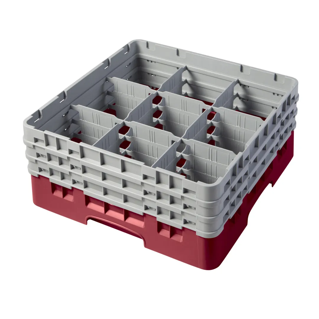 Cambro 9S638416 Camrack Glass Rack, Full Size, 19-3/4 x 19-3/4 x 8-7/8, 9 Compartments, Cranberry Red, HACCP Compliant, NSF Certified