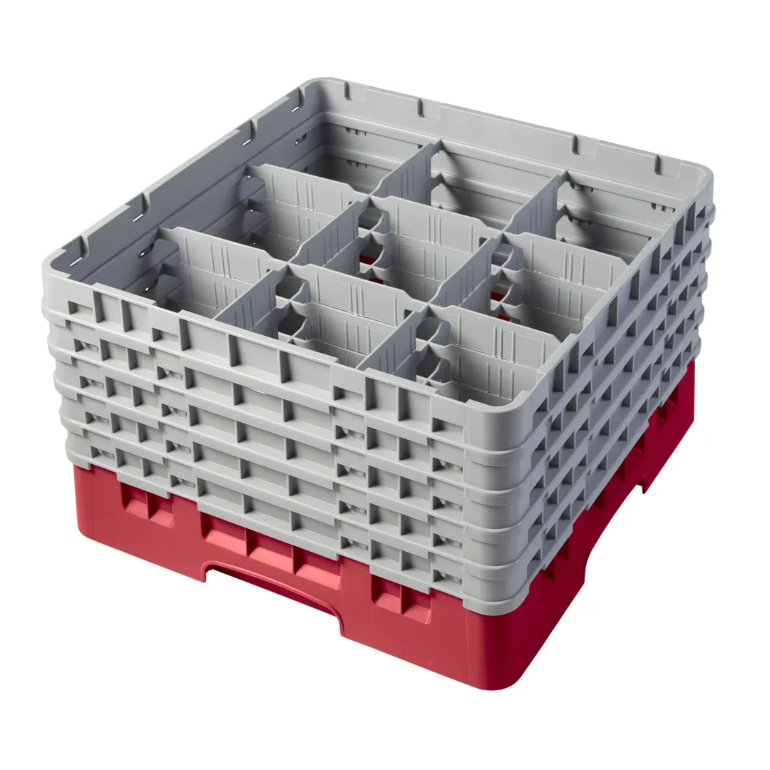 Cambro 9S958163 Camrack Glass Rack, Full Size, Red, 19-3/4 x 19-3/4, 9 Compartments, 5-7/8 Max Dia, HACCP Compliant