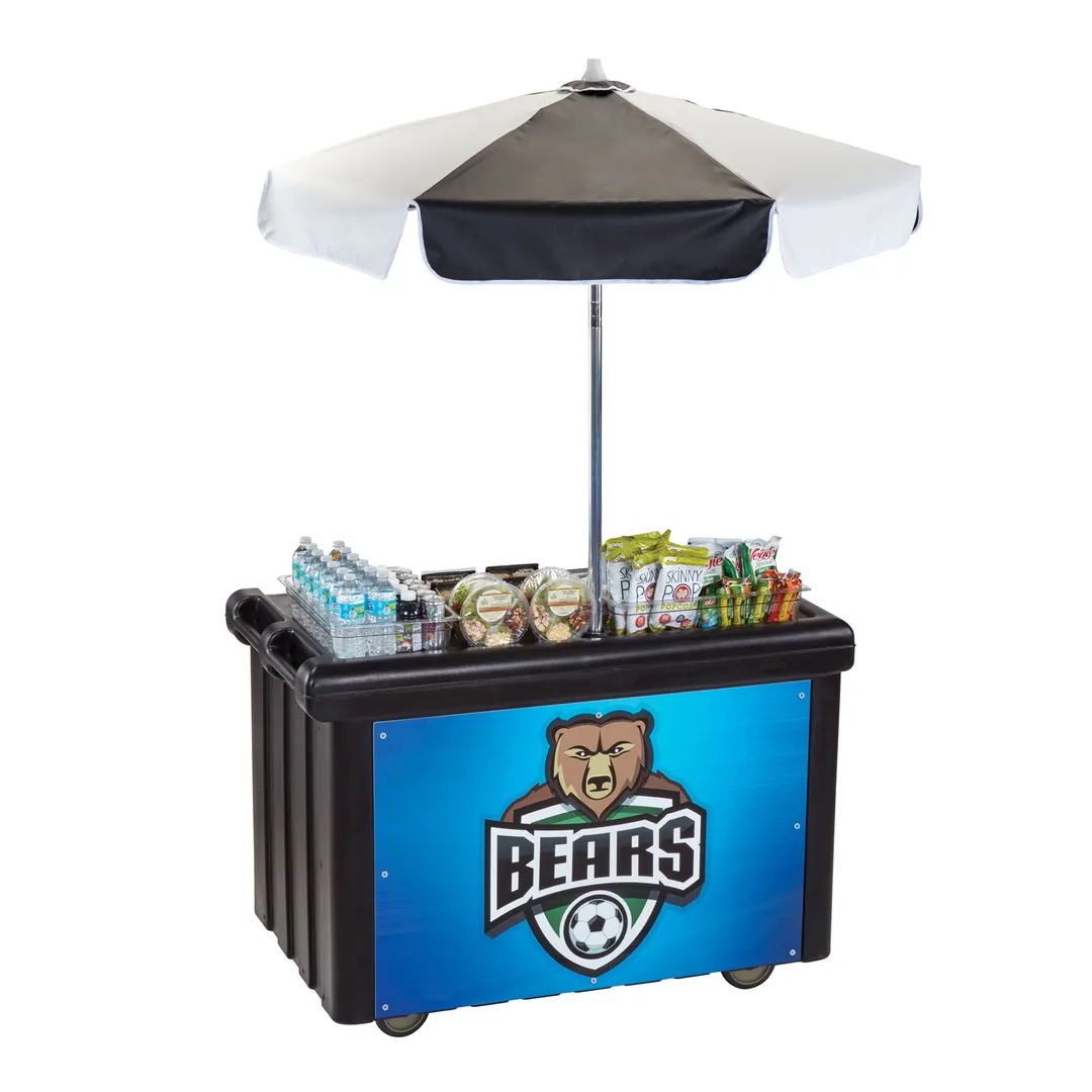 Cambro CVC55110 Camcruiser Black Vending Cart w/ Umbrella, 1 Counter Well, 2 Compartments