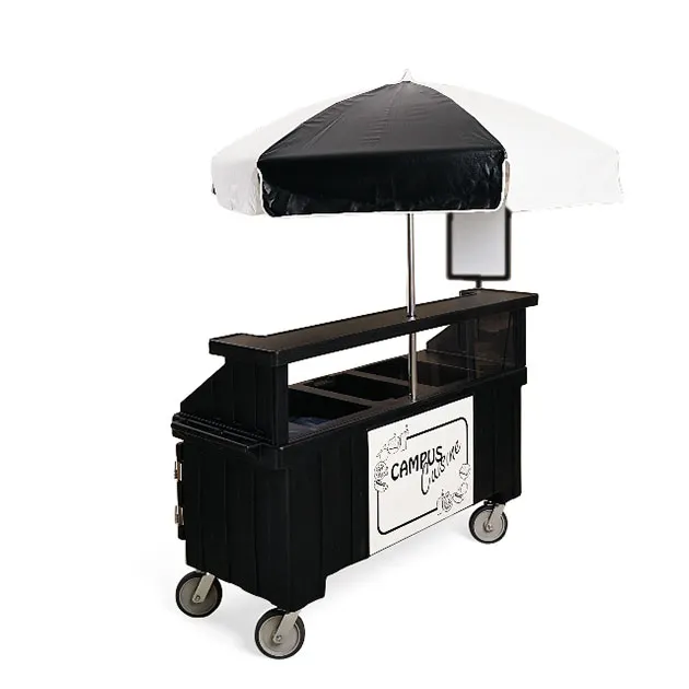 Cambro CVC72110 Camcruiser Black Vending Cart w/ Umbrella, 3 Counter Wells, 3 Compartments