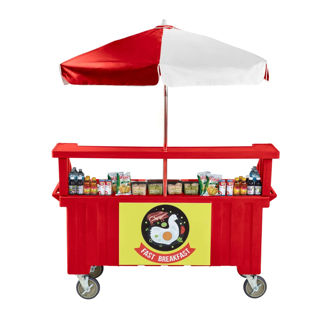 Cambro CVC72158 Camcruiser Hot Red Vending Cart w/ Umbrella, 3 Counter Wells, 3 Compartments