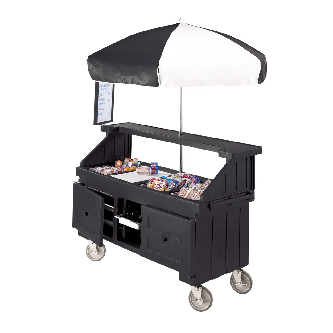 Cambro CVC724110 Camcruiser Black Vending Cart w/ Umbrella, 4 Counter Wells, 3 Compartments