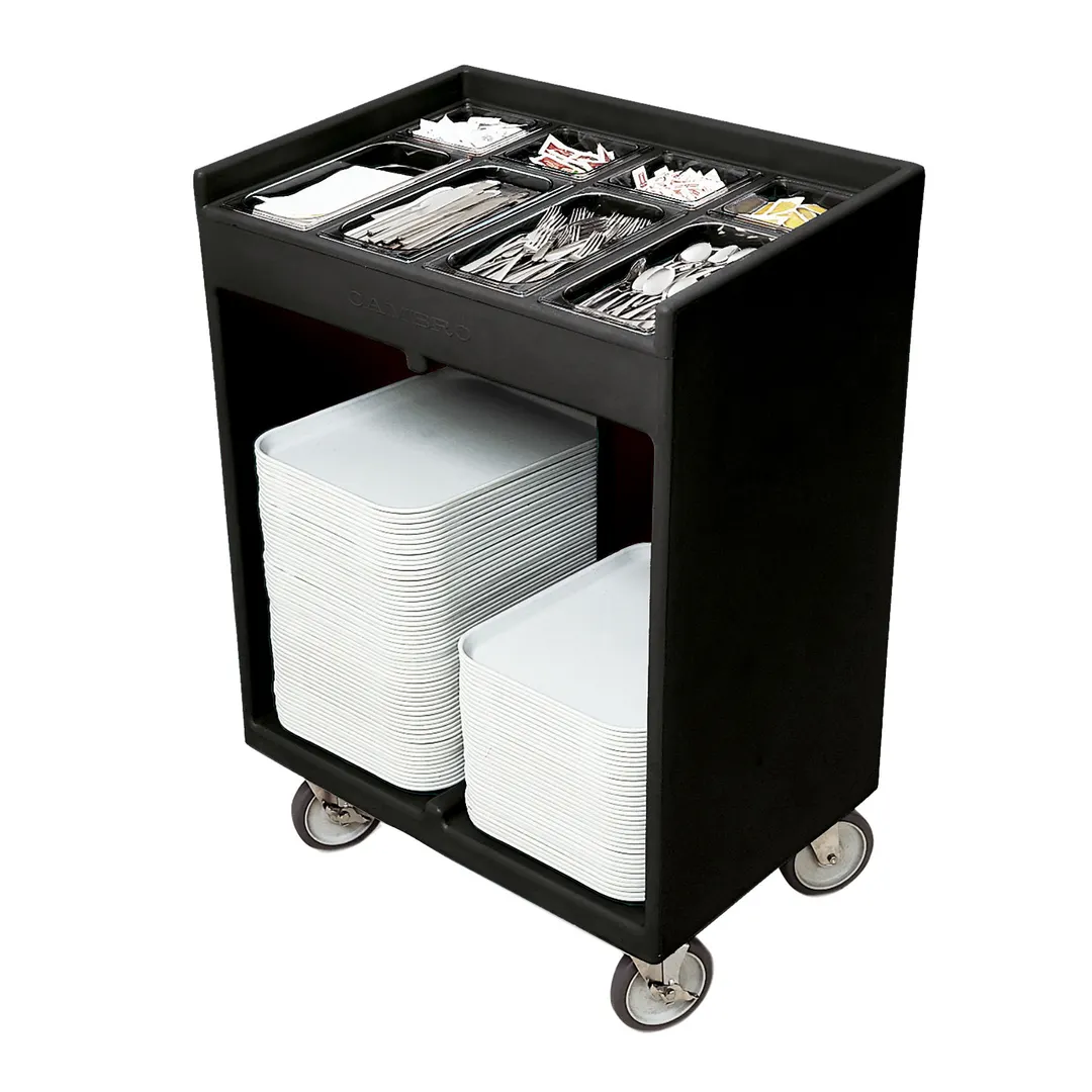 Cambro TC1418110 Black Tray & Silver Cart w/ Vinyl Cover and  (8) Clear Pans