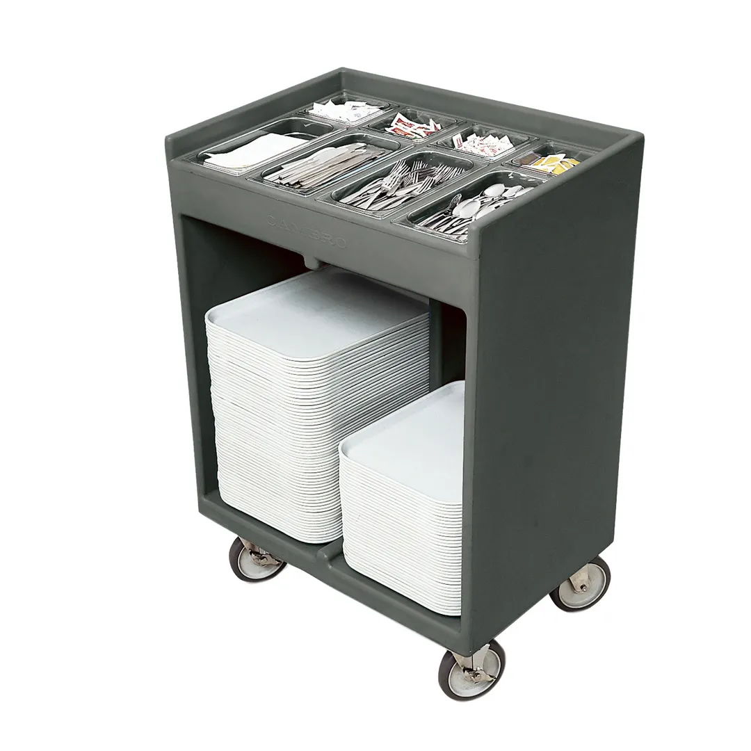 Cambro TC1418191 Granite Gray Tray & Silver Cart with Pans & Vinyl Cover, (8) Compartments
