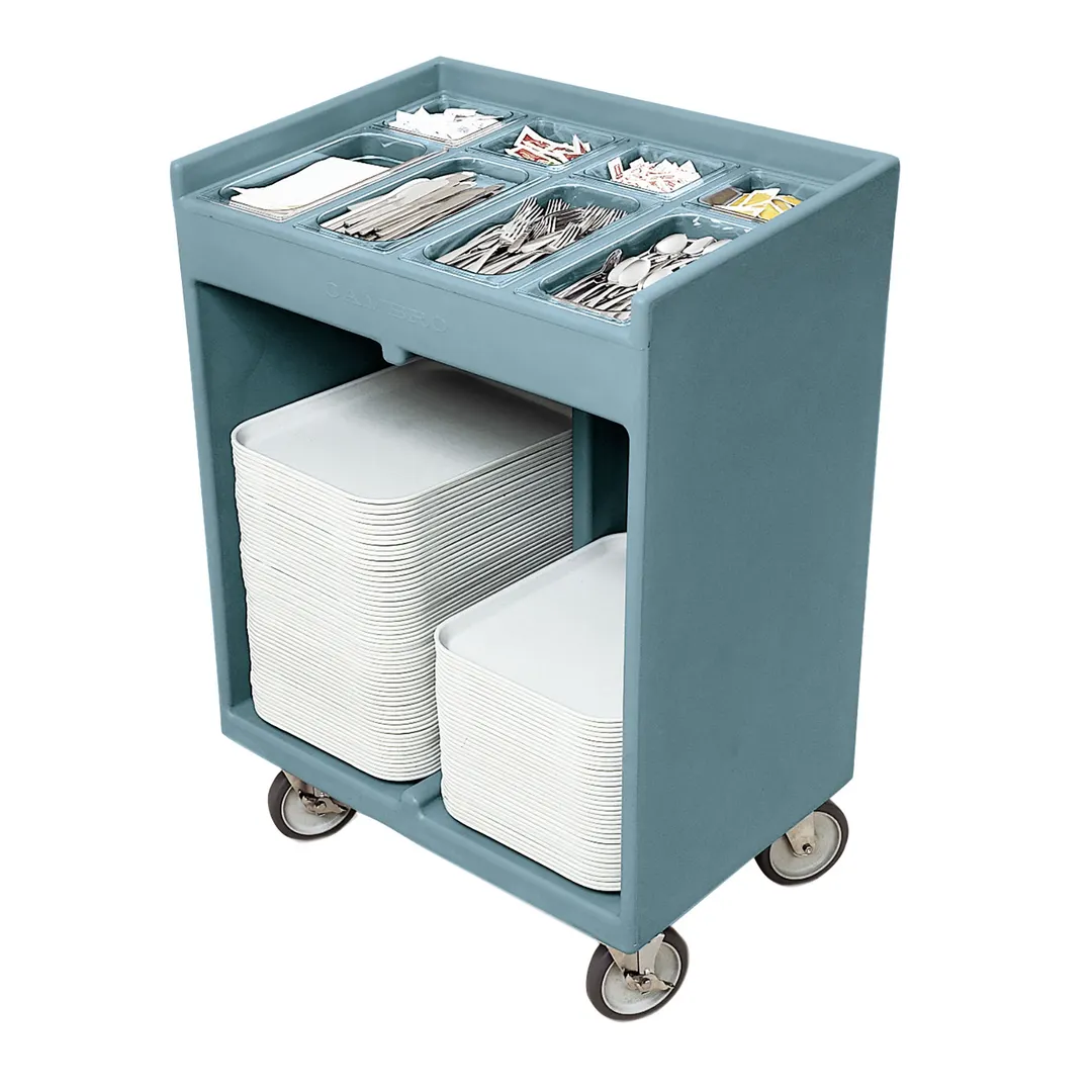 Cambro TC1418401 Slate Blue Tray & Silver Cart with Pans & Vinyl Cover, (8) Compartments
