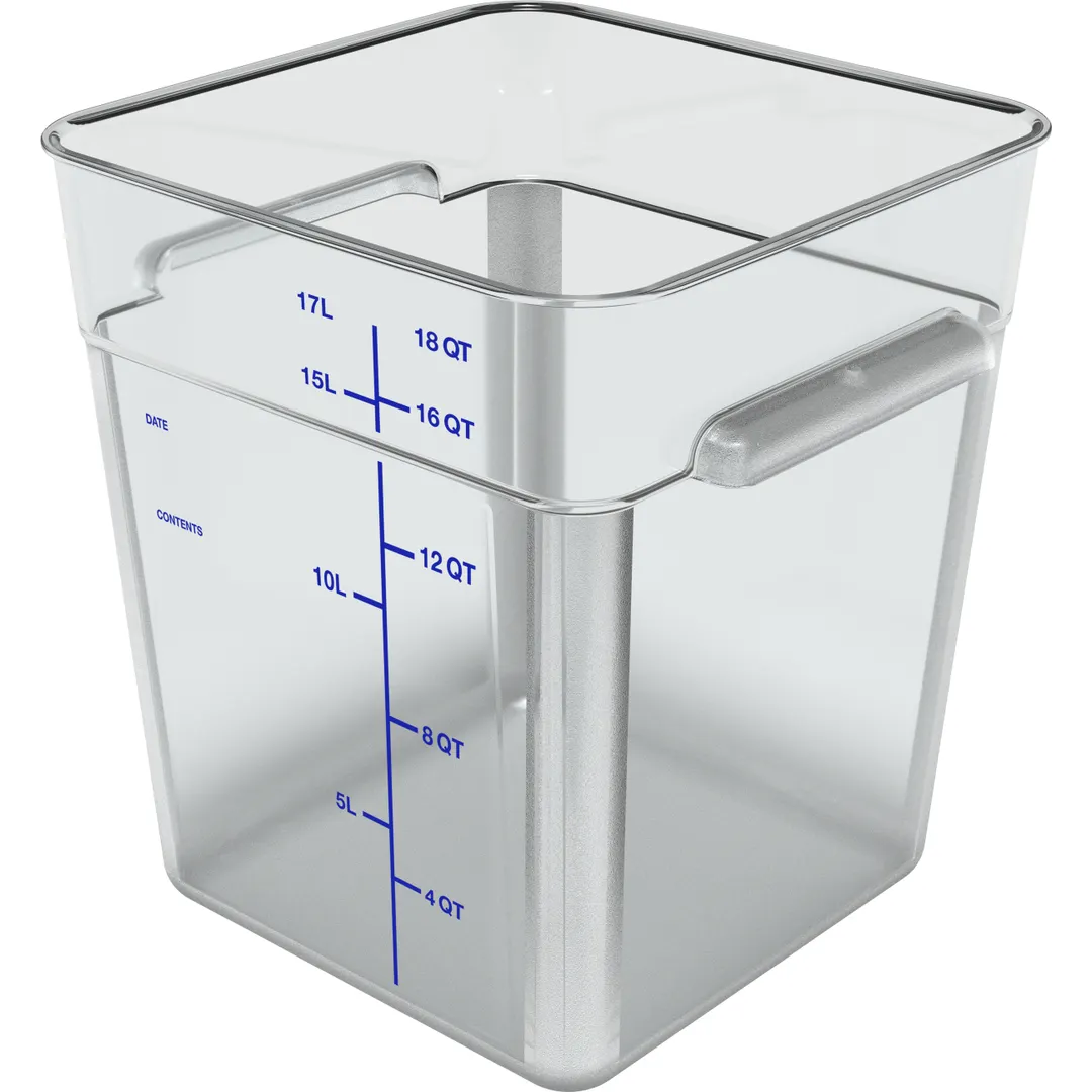 Carlisle 1195507 Storage Container, 18 Qt., 11-1/8" x 12-5/8" H, Clear Poly, Square, Handles, NSF