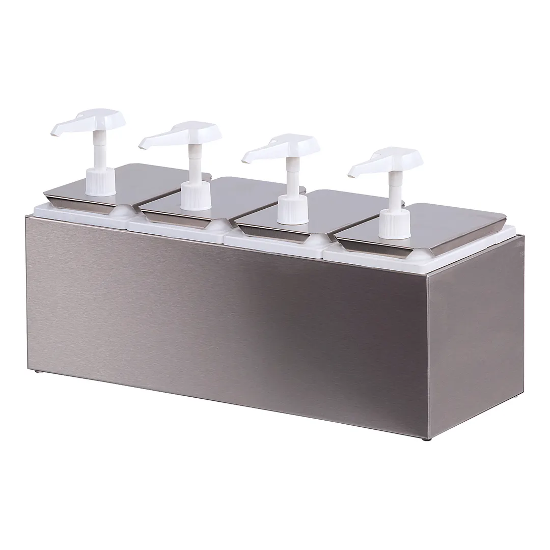 Carlisle 38504 Topping Dispenser – 19-1/4" L x 7-3/4" W x 12-1/2" H, 4 Pumps, 4×2.5qt Jars, 18/8 SS