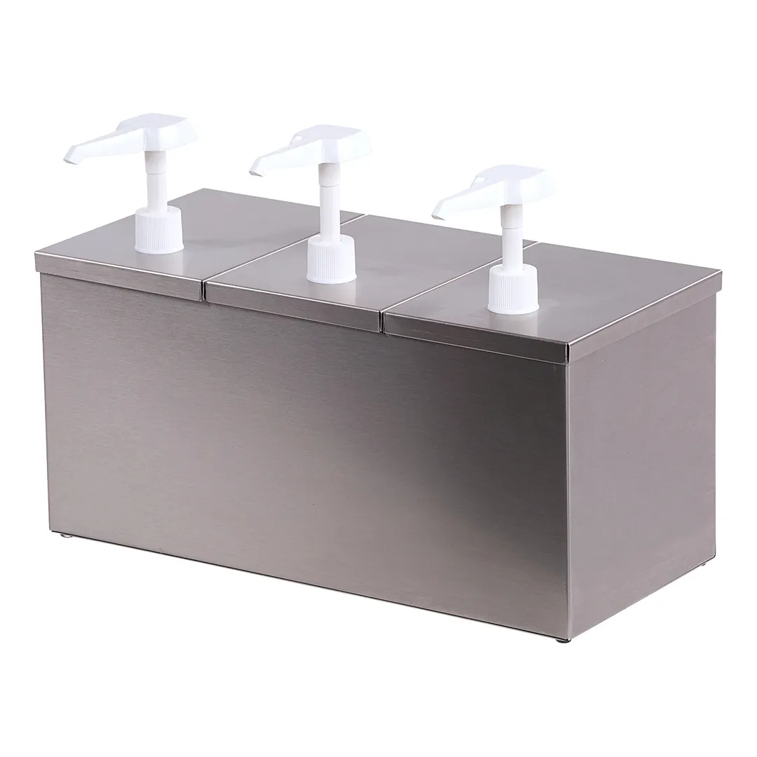 Carlisle 38623IB Topping Dispenser, 15-7/8" L x 7-3/8" W x 11" H, 3 Pumps, 2-Qt Cups, Stainless 18/8