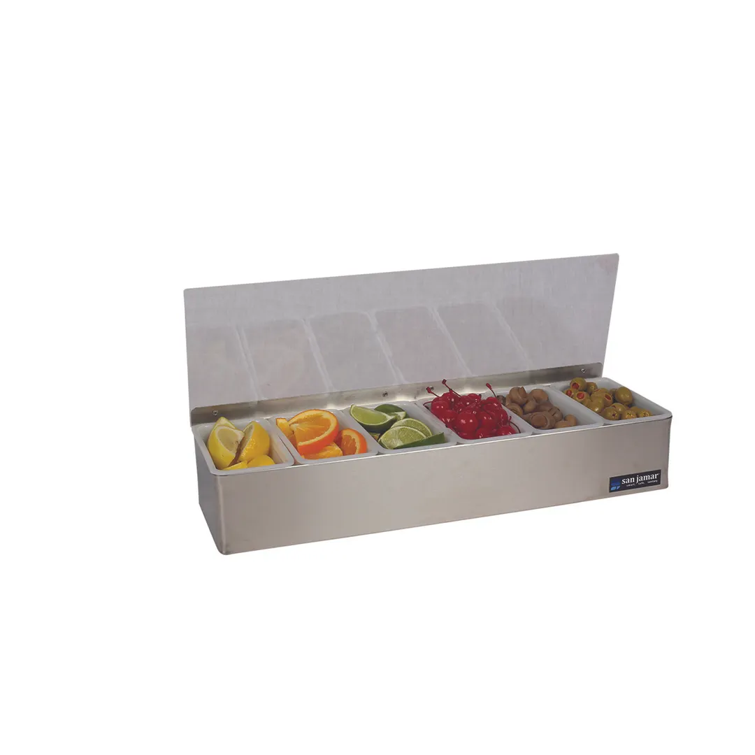 Carlisle B4186L Garnish Tray, Non-Chilled, 18"W x 5-3/4"D x 3-1/2"H, 6 Compartments, Stainless Steel