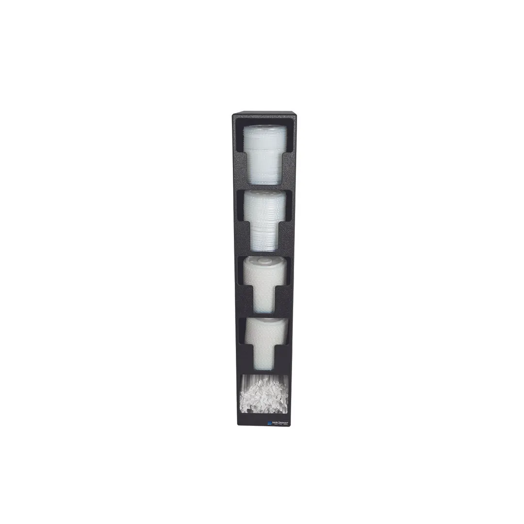 Carlisle L2204 EZ‑Fit Lid & Straw Tower, 5‑1/2" L x 13" W x 30" H, Black PS, 4 Lid + 1 Straw Comp.
