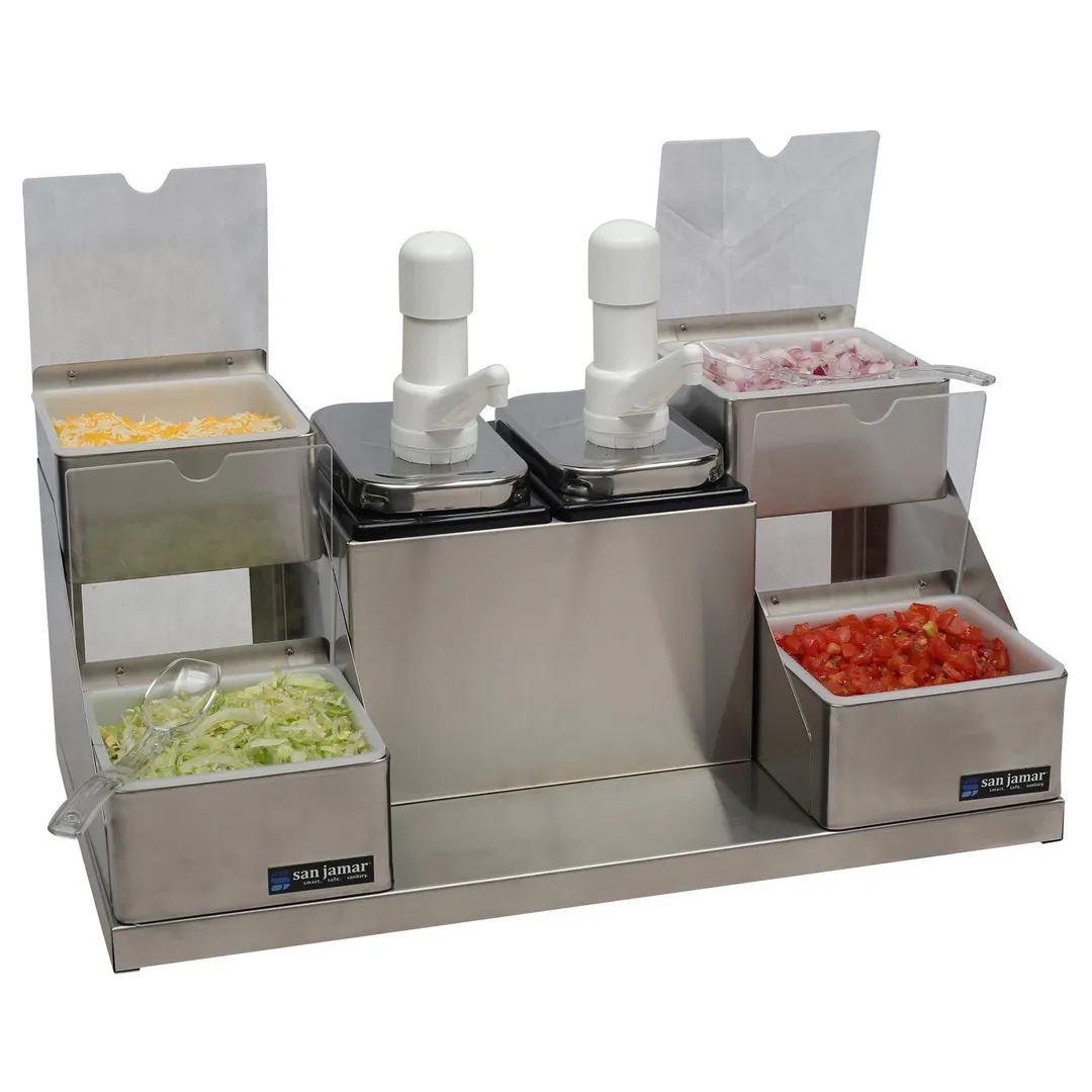 Carlisle P9724 Pump Dispenser, 22½" W x 14" H, 2 × 2½ qt Jars + 4 × 1 qt Inserts, Stainless, 2 Heads