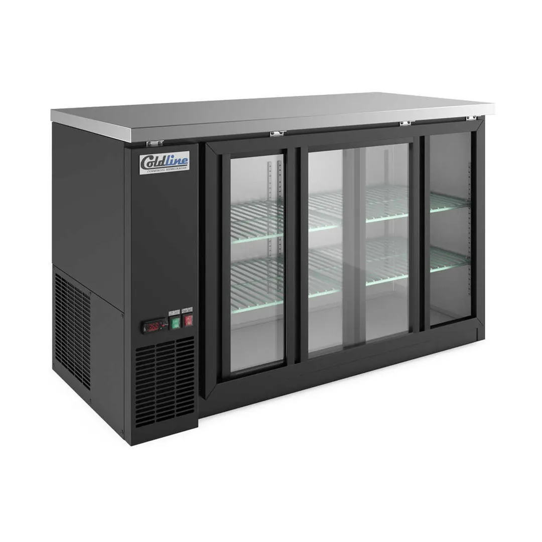 Coldline CBB-60G-SL 2‑Sect Bar Cooler, 60" Width, 19.6 cu ft, Black/Stainless, Glass Doors, R290