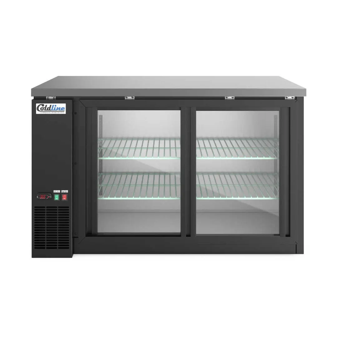 Coldline CBB-60G-SL 2‑Sect Bar Cooler, 60" Width, 19.6 cu ft, Black/Stainless, Glass Doors, R290
