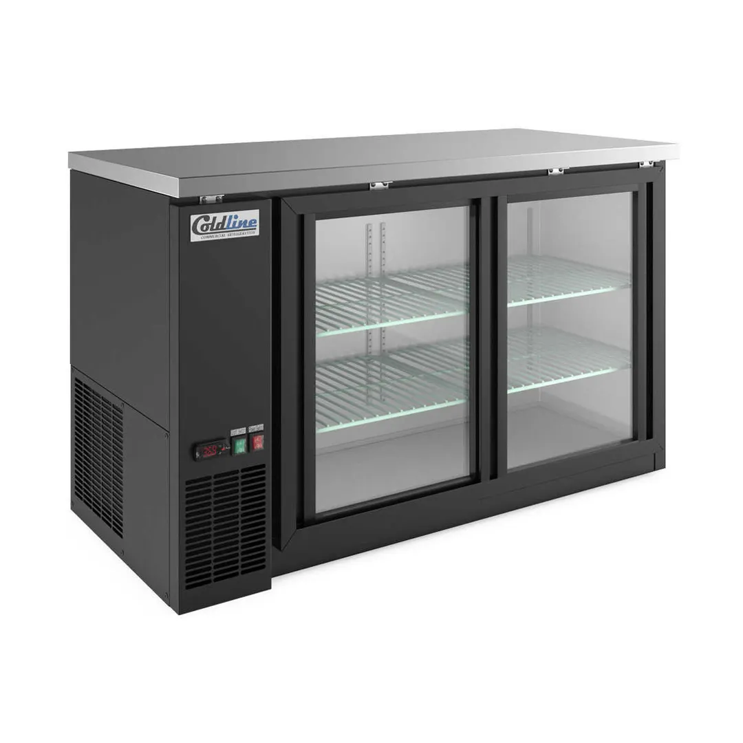 Coldline CBB-60G-SL 2‑Sect Bar Cooler, 60" Width, 19.6 cu ft, Black/Stainless, Glass Doors, R290